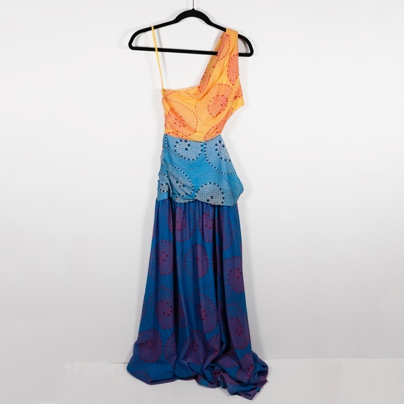 NEW Staud Ashlyn One-Shoulder Cut Out Chiffon Abstract Multi Print Maxi Dress 4 - Picture 1 of 4